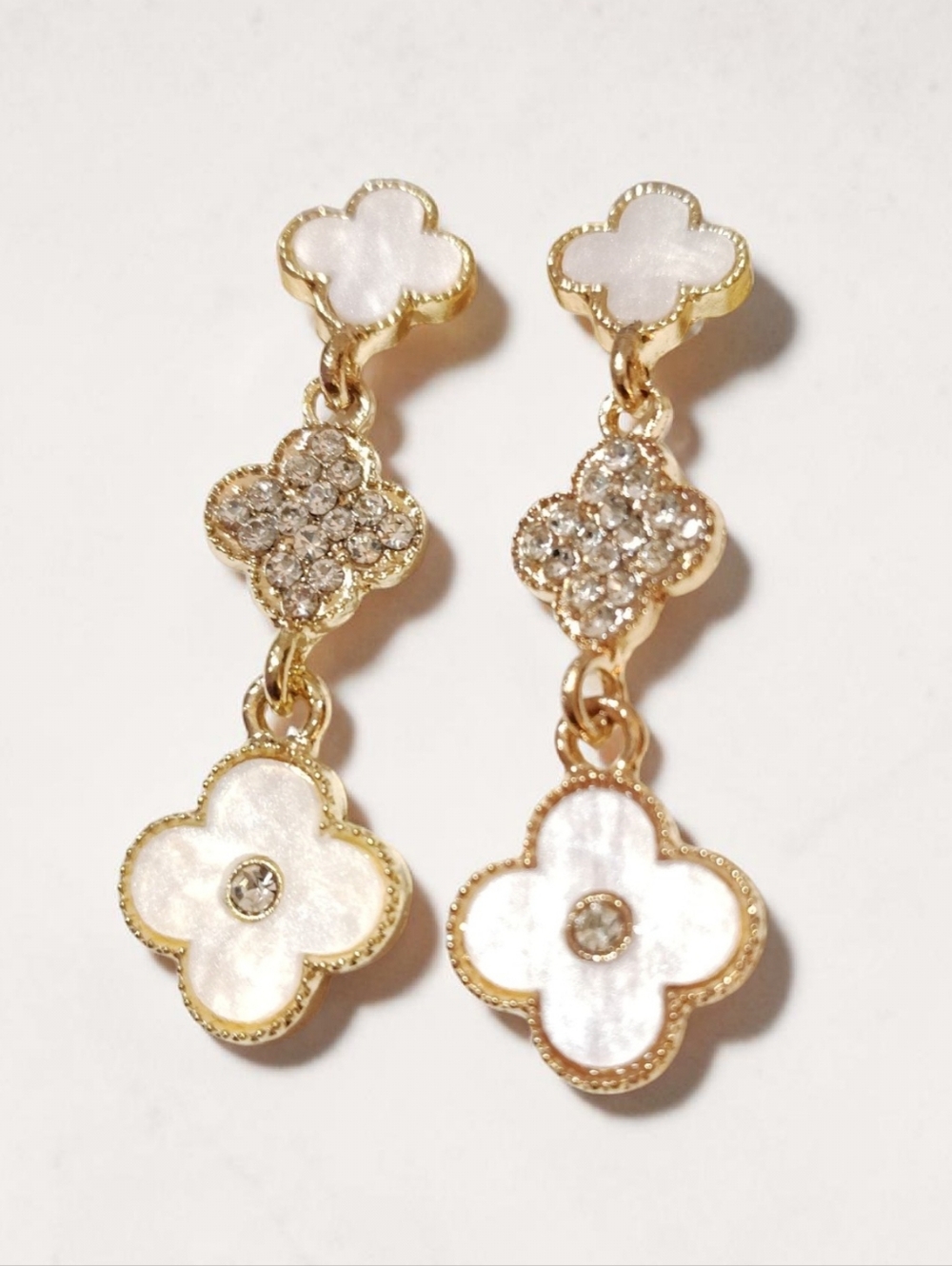 New Gold & White Clover Floral Dangle Earrings with Crystals